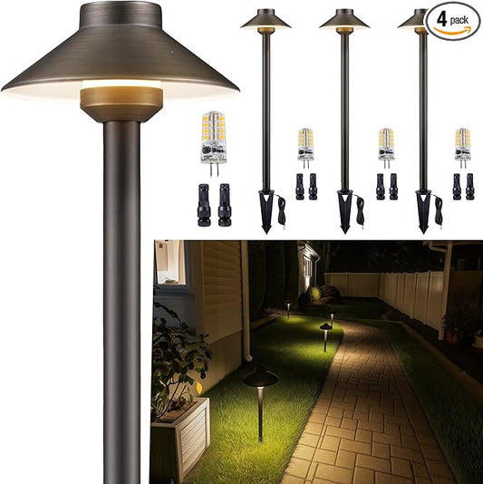 Low Voltage Landscape Lighting Brass - 12v Pathway Lights Waterproof, Hard Wired Path Light Outdoor, Mushroom Bronze for Exterior Area Patio House with 3W 5000K Daylight G4 Bulb (4 Pack)