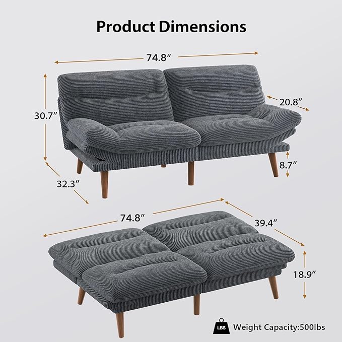 Pipishell Futon Sofa Bed, 73" Convertible Futon Couch, Adjustable Backrest & Armrests, Corduroy Recliner Sleeper Sofa for Small Spaces, Living Room, Office, Guest Room (Grey, 73 in)
