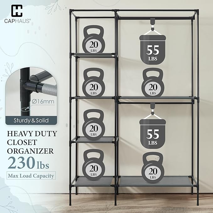 CAPHAUS 44-Inch Clothing Rack with Cover, Portable Closet Wardrobe, Covered Garment Rack for Hanging Clothes, 230LB Capacity Heavy-Duty Metal Frame Clothes Organizer Rack with Storage Shelves