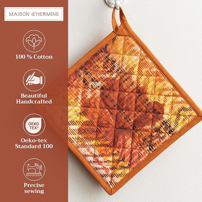 Maison d' Hermine Pot Holders Set 100% Cotton Heat Resistant Potholders 8" x 8" Hot Pads with Loop for Thanksgiving Christmas Decorations Baking Handling Hot Pans (Pack of 2, Thanksgiving Tartan)