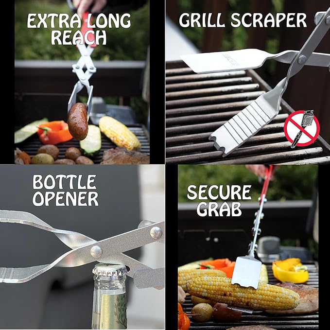 BBQ Croc 3 in 1 Barbecue Tool 26-inch - Extra Light and Super Long Heavy Duty Tongs, Spatula and Grill Scraper (Red) - Longest BBQ Tool Ever!