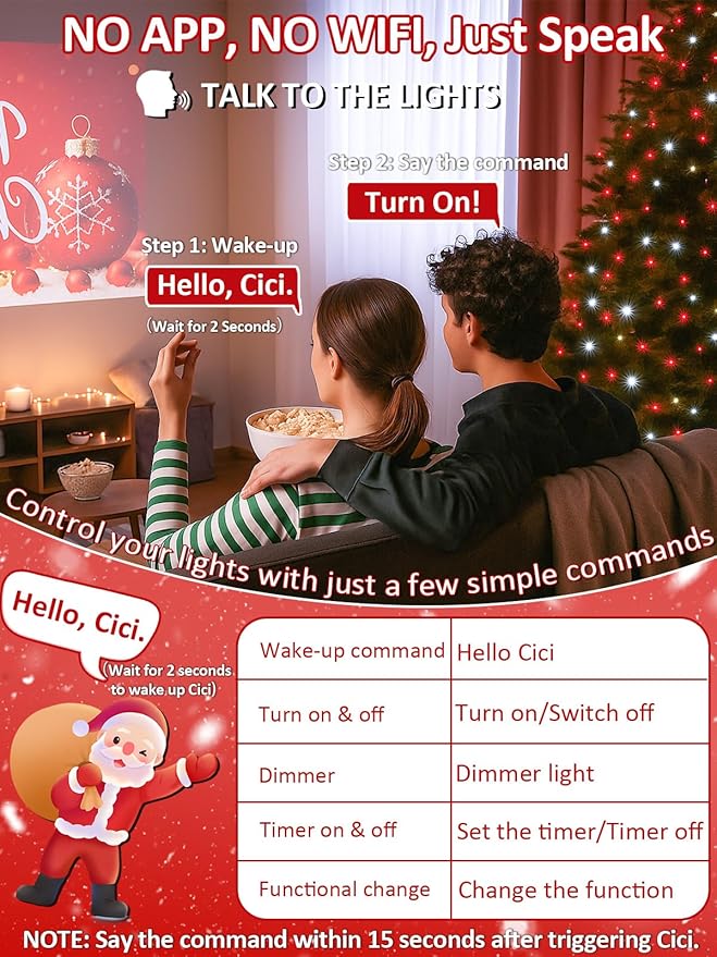 Voice Controlled Smart Christmas String Lights, 75.8ft 200 LED Extendable Fairy Lights with 7 Voice Commands, 12 Modes & Timer, Waterproof Christmas Decorations for Party Tree Garden (Red and White)