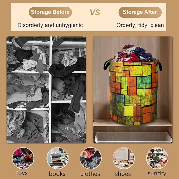 Laundry Basket,Colorful Stained Collapsible Laundry Baskets,Glass Wall Waterproof Oxford Hamper with Handles for Bathroom Bedroom Nursery Home Storage 16"x20"