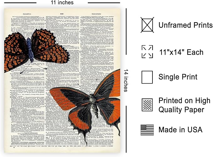Poster Master Dictionary Art Poster - Butterflies Print - Moth Art - Butterfly Art - Insect Art - Gift for Men, Women & Animal Lover - Chic Decor for Living Room or Bedroom - 11x14 UNFRAMED Wall Art
