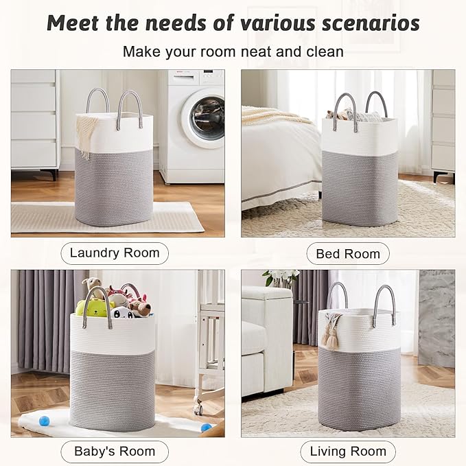 Laundry Basket,Woven Cotton Rope Laundry Hamper,Versatile Storage for Dirty Clothes,Baby Toys,and Blankets in Bathroom, Nursery,and Living Room (Grey, 60L)
