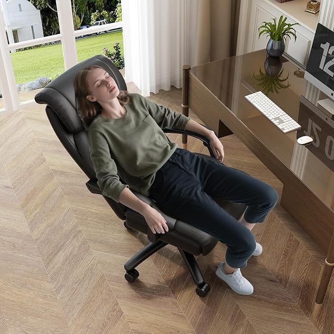 Reclining Office Chair,Recling 90-155°,Ergonomic Office Chair with Lumbar Suppot,Big and Tall Leather Desk Chair,High Back Executive Chair(Black)