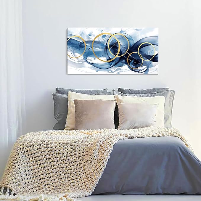 HKDGOKA Wall Art Living Room - Large Abstract Gold Blue Gradient Paintings Wall Canvas Artwork Modern Office Bedroom Pictures for Kitchen Bathroom Wall Decor 20x40 In