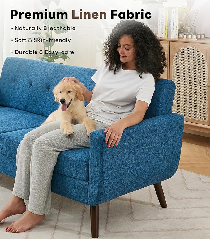 Tbfit 77.2" W Linen Sofa Couch, Mid Century Modern Decor Loveseat Couches for Living Room, Button Tufted Upholstered Small Couch for Bedroom, Solid, and Easy to Install Love Seats Furniture, Blue