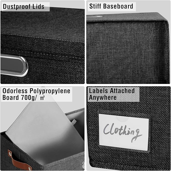 17" Large Collapsible Storage Bins with Lids, Stackable Closet Organizers with PU Handle and Labels, 3-Pack Decorative Fabric Storage Boxes for Home, Bedroom, Closet, Office, Nursery(Black)