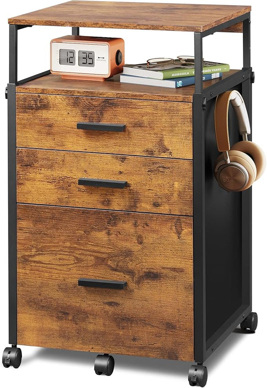 DEVAISE File Cabinet with Storage Drawers, Rolling Printer Stand with Adjustable Shelves, Wood Filing Cabinet for Home Office, Rustic Brown