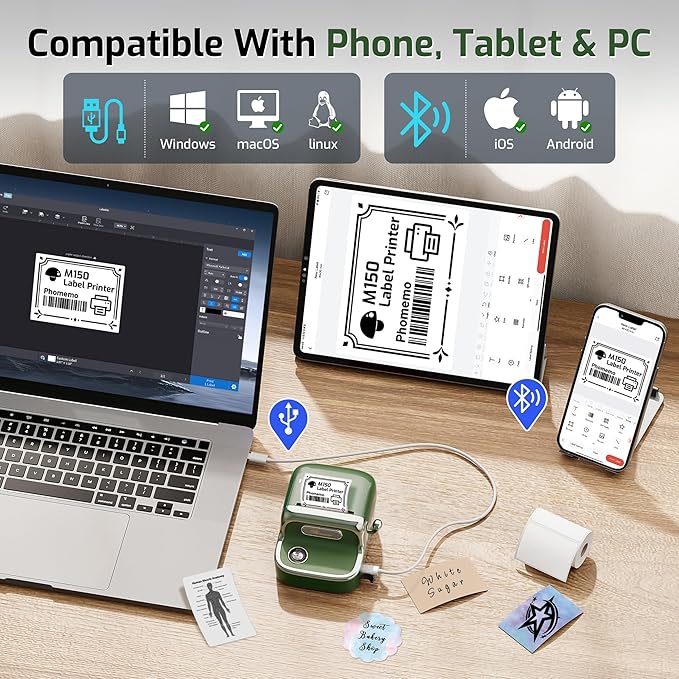 Phomemo M150 Label Maker, Bluetooth Thermal Label Maker Machine with Tape, Upgrade Mini Thermal Label Printer for Barcode, Address, Mailing, Compatible with Phone & PC