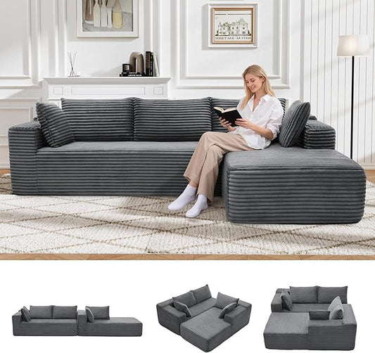 105" Cloud Sectional Couch with L-Shape Chaise,Modern Modular Sofa with Deep Seat, Fluffy Boneless Couches for Living Room Bedroom,No Assembly Required, Dark Gray (Plush Flannel Fabric)