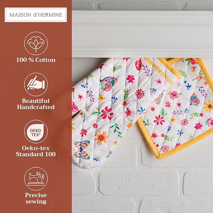 Maison d' Hermine 100% Cotton Oven Mitt & Pot Holder Set (7.5"x13" & 8"x8") Heat Resistant BBQ Cooking Gloves with Loop, Grilling, Kitchen, Handling Hot Pans Spring/Summer (Happy Florals - Sweety)