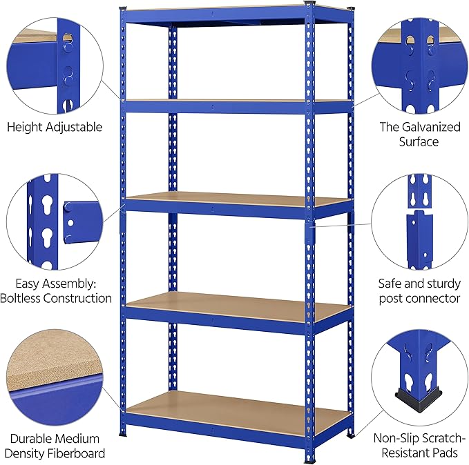 Yaheetech Storage Shelves 5 Tier Garage Shelving Heavy Duty Garage Shelves Adjustable Metal Shelving Unit Utility Rack Industrial Shelving for Warehouse Pantry Closet, 35.5″W × 17.5″D × 72″H, Blue
