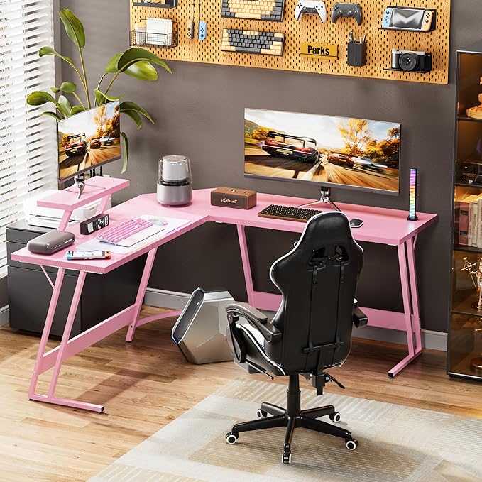 Homall Pink L Shaped Gaming Desk Computer Corner PC Desk Table with Large Monitor Stand for Home Office Studying Writing Workstation, Gift for Girls and Women (Pink, 51 Inch)