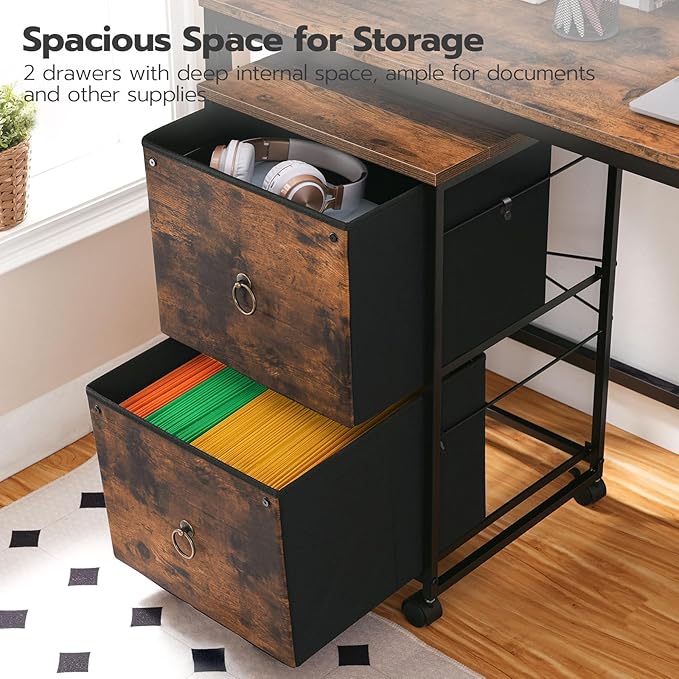 HOOBRO 2 Drawer Mobile File Cabinet, Rolling Printer Stand, Vertical Office Filing Cabinet for Home Office, A4/Letter Size, Nonwovens Drawer, Rustic Brown BF20WJ01