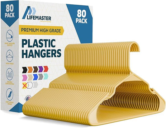 Plastic Clothes Hangers – Heavy Duty Hanger Set, for Organizing Clothes, Dresses, and Coat, Holds Up to 5 lbs, Space-Saving Hangers with Non-Slip Shoulder Grooves, Pack of 80, Yellow
