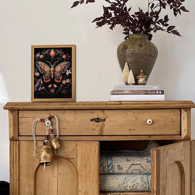 Framed Vintage 3D Textured Wall Art - Gothic Butterfly Wall Decor - Hand Drawn Sandstone Nature Botanical Pictures for Living Room Bedroom Home Decor 8x10in