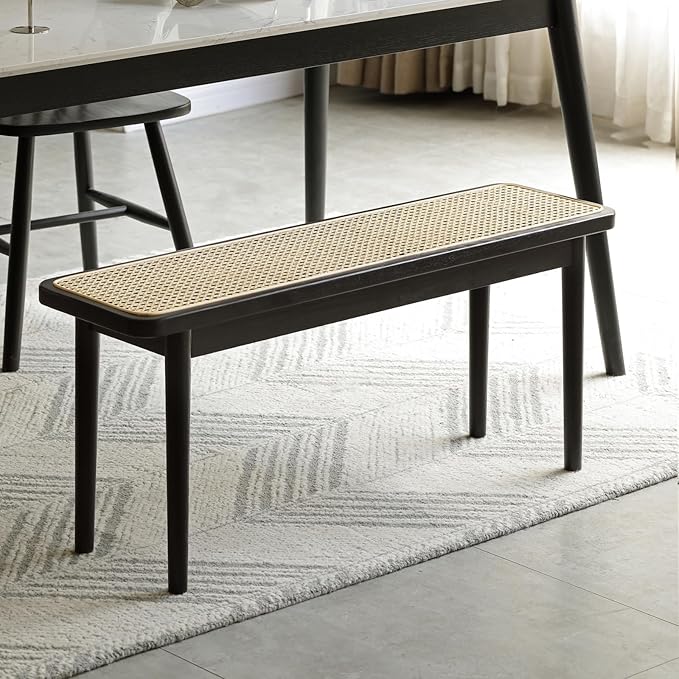 39.4'' Natural Rattan Dining Bench with 100% Solid Oak Wood Bench Frame, Bed End Shoe Ottoman for Kitchen Bedroom Entryway, Black