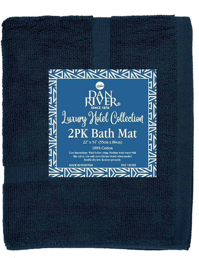 DAN RIVER Classic Bath Mat - Blue Opal, 100% Ring Spun Cotton, Pack of 2, 21x34 inches, 800 GSM, Non-Slip, Absorbent, Quick Drying, Machine Washable Bathroom Floor Mats for Shower, Kitchen & Bath