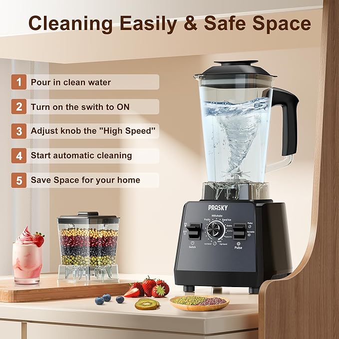 Professional Blender,Smoothies Blenders, PRASKY Max.2400Watts/1000Watts Blender and Grinder Combo 25000RPM Powerful Kitchen 68oz BPA Free 2 Containers Countertop Blenders Ice Crushing, Juice