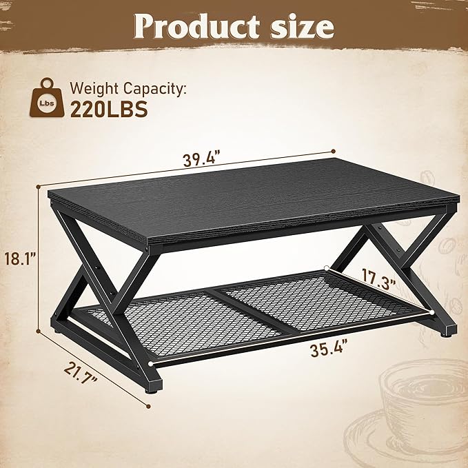 EnHomee Coffee Table with Storage, Modern Coffee Tables for Living Room with Mesh Shelf, 2 Tier Rectangular Center Table for Living Room, Bedroom, 39.4 Inch, Black Oak