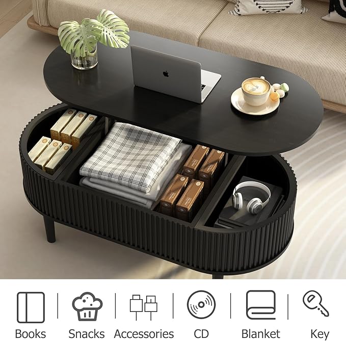 Ludatido 39 Inch Lift Top Coffee Table with 3 Storage for Living Room, Oval Coffee Table with Hidden Compartment, Fully Wooden Center Easy to Assembled for Home Living Room Office Black