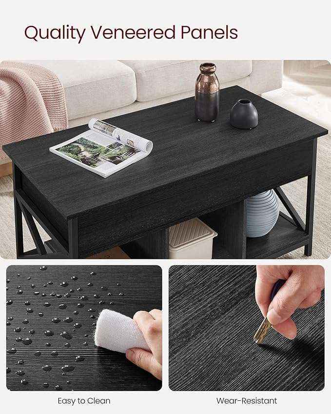 VASAGLE Lift Top Coffee Table, Lift Coffee Table with Storage Shelf, Hidden Compartments and Lifting Top, for Living Room, Office, 19.7 x 39.4 x (19.3-24.4) Inches, Black with Wood Grain ULCT202B22
