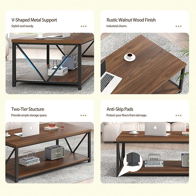 FOLUBAN Modern Coffee Table, Wood and Metal Center Table with Storage, Industrial Cocktail Table for Living Room, Rustic Walnut, 47 Inch
