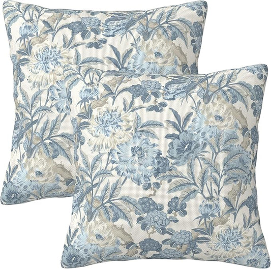 Blue Floral Spring Summer Rustic Flower Throw Pillow Covers 18x18 Inch Set of 2 Farmhouse Decorative Pillows Cover Vintage Country Cushion Case of Indoor Outdoor Sofa Living Room Bedroom