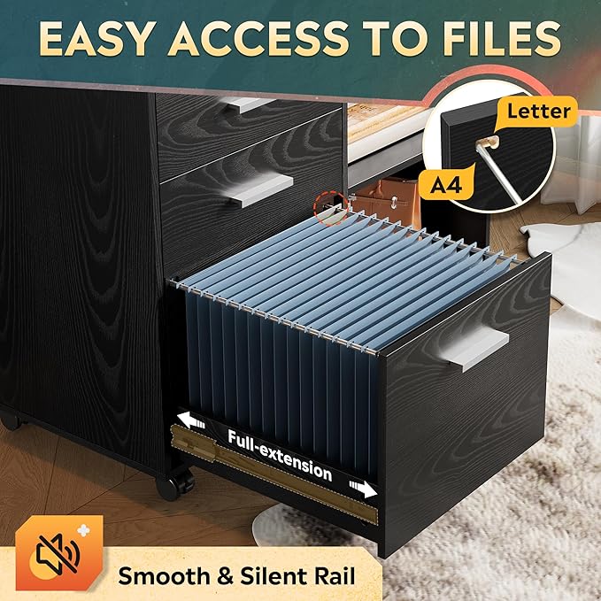 DEVAISE 3 Drawer Mobile File Cabinet, Wood Lateral Filing Cabinet, Printer Stand with Open Shelves for Home Office, Black