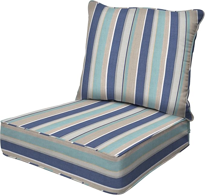Honeycomb Outdoor Deep Seat, 24 x 23, Stripe Blue & Beige Chair Cushion for Patio Furniture