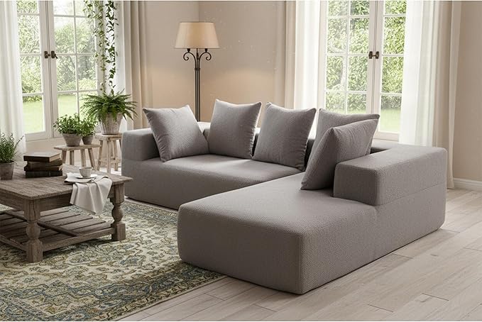 KEIKI L-Shape Cloud Sectional Sofa, 96” Modern Modular Boneless Couch with Left Chaise Lounge, Upholstered Couches for Living Room Bedroom, Light Grey