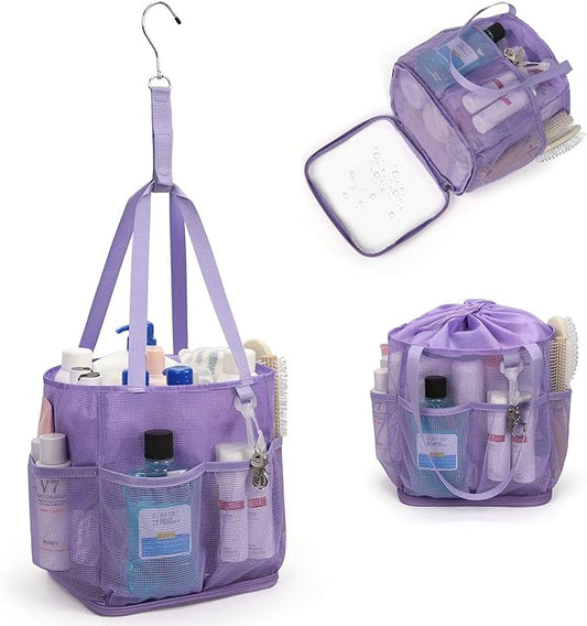 Mesh Shower Caddy Portable for College Dorm Room Essentials, Shower Tote Bag with Hanging Hook and Drawstring, Quick Dry Toiletry Bag with 6 Pockets for Bathroom, Swimming, Gym, Camping, Beach, Travel