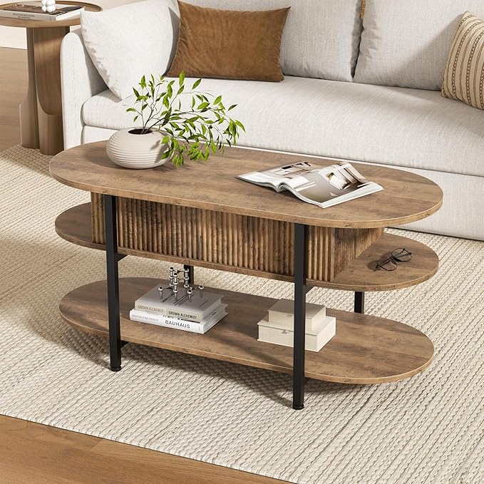FABATO 41.7" Oval Lift Top Coffee Table, Fluted Wood Center Table with Hidden Storage, 3 Tier Small Tables with Curved Edge, Modern Narrow Coffee Table for Living Room Reception Room, Vintage Oak