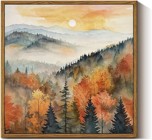 InSimSea Square Framed Canvas Wall Art, Nature Scenery Decor Farmhouse Quiet Forest Awakening Wall Art Prints, Autumn Fall Classical Retro Living Room Bedroom Office Home Decor 12"x12"