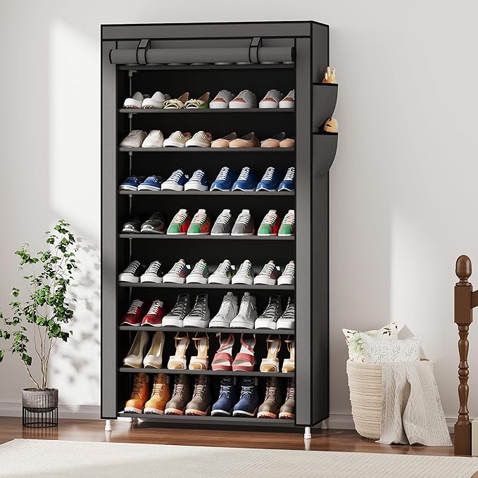Laiensia 9-Tier Vertical Shoe Rack Organizer, Space Saving Shoe Storage Organizer, Non-Woven Cover Shoe Shelf Holds 36-45Pairs for Bedroom, Hallway, Closet Entryway, Grey