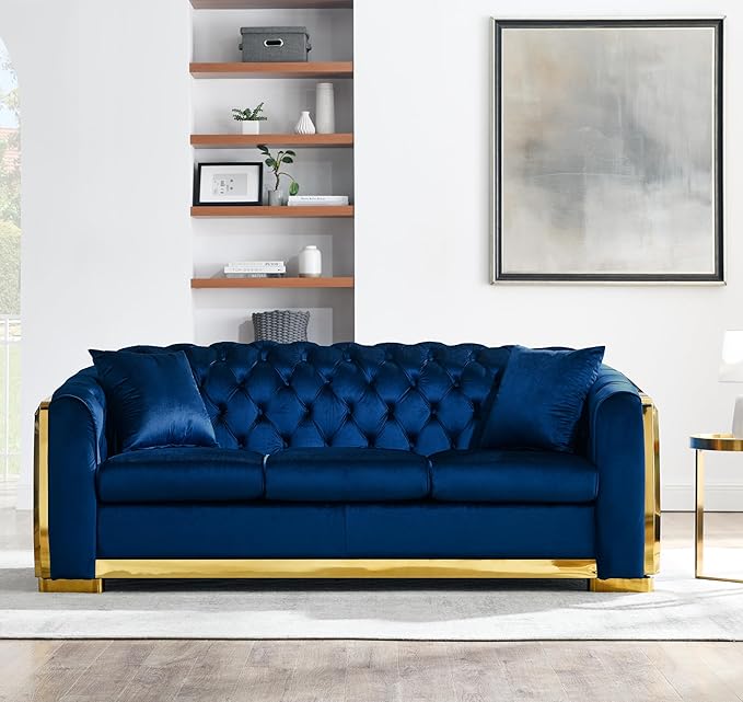 KEIKI 81" Luxury Oversized Velvet Chesterfield Sofa with Gold Stainless Decoration, Mid-Century Style 3-Seater Couch with Tufted Back and Rolled Arms, Easy Assembly, for Apartment, Living Room, Blue