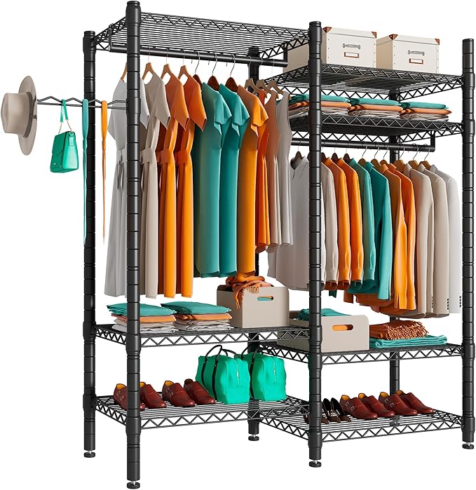 PUNION Clothing Rack 7 Tiers Heavy Duty Clothes Rack with 2 Hanging Rods, Wire Garment Racks for Hanging Clothes, Large Portable Metal Wardrobe Clothes, 48"L X 16"W X 77"H, Max Load 620lbs Black, GR7E