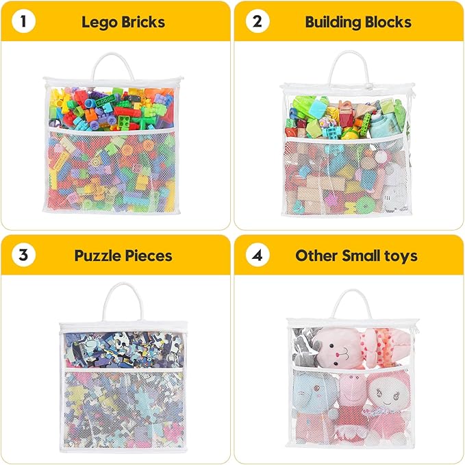 10 PCS Clear Zippered Toy Storage Bags with handle, Kids Toy Storage Organizer with Mesh Pocket for Instructions, Playroom Organizer Plastic Bags for Blocks Set Puzzles-White