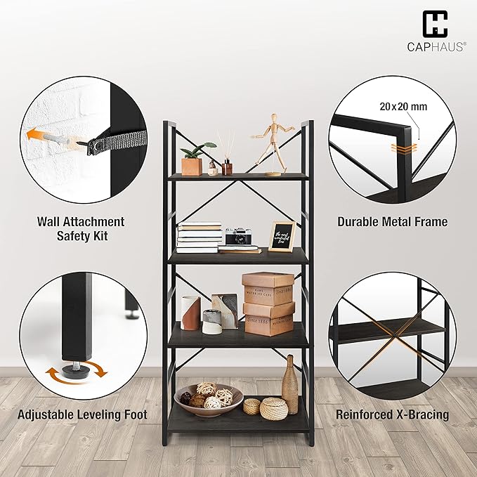 CAPHAUS 4 Tier Bookshelf, 24 Inch Width Free Standing Shelf, Bookcase Shelf Storage Organizer, Industrial Book Shelves for Home Office, Living Room, Kitchen, Black Vintage Shelves & Metal Frame