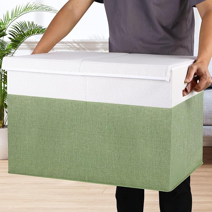 Large Toy Storage Box with Lid, Sturdy Toys Storage Chest Bin Organizer Basket with Dividers for Kids, Boys, Girls, Nursery, Closet, Bedroom, Playroom 26"x17" x17" (Green and White)