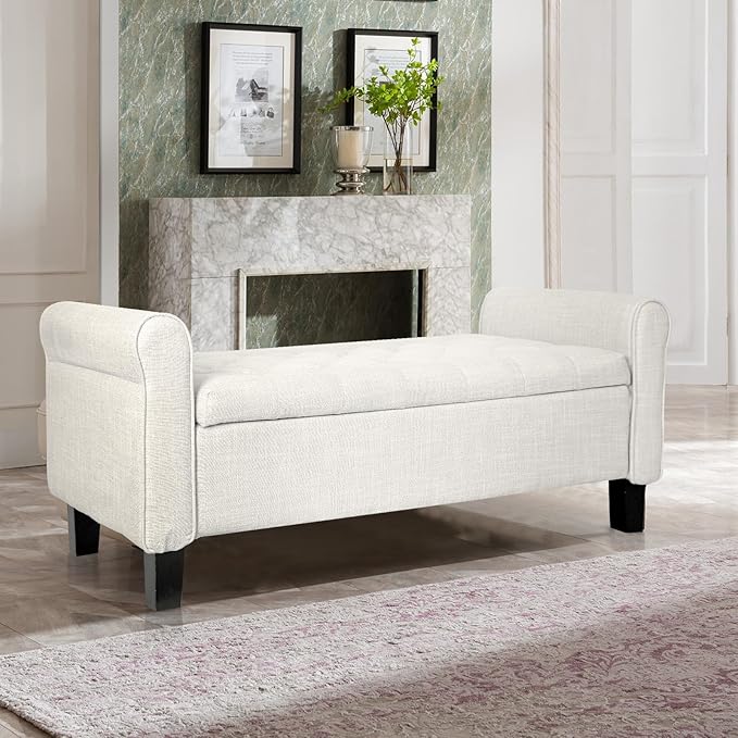 Storage Ottoman Bench with Arms, End of Bed Bench for Bedroom, Button Tufted Storage Bench for Entryway, Living Room,Hallway, Large Storage Bench Foot Rest (Beige)