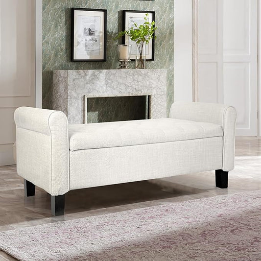 Storage Ottoman Bench with Arms, End of Bed Bench for Bedroom, Button Tufted Storage Bench for Entryway, Living Room,Hallway, Large Storage Bench Foot Rest (Beige)