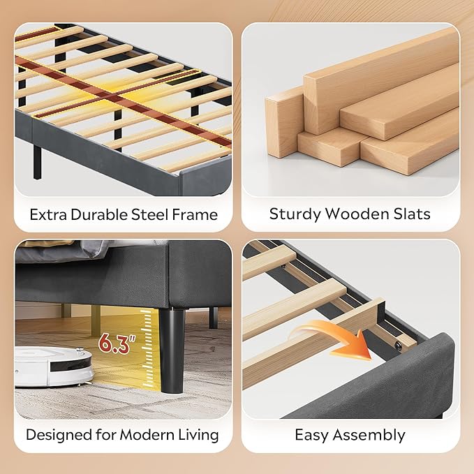 WLIVE Twin Size Upholstered Bed Frame, Velvet Square Tufted Headboard, Sturdy Metal & Wooden Slats Support, No Box Spring Needed, Light Grey