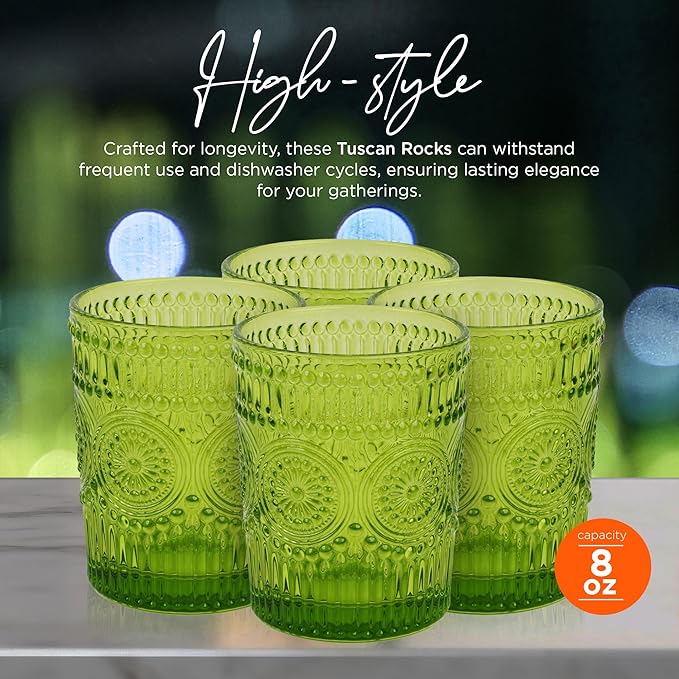 IMPULSE! Tuscan Rocks Glass Set - Olive, Dishwasher Safe, Chic Vintage Style - 8 oz - Ideal for Gin, Mixed Cocktails, Bourbon, Margaritas, Soft Drinks, Beer, Water - Mexican Style Glasses - Set of 4