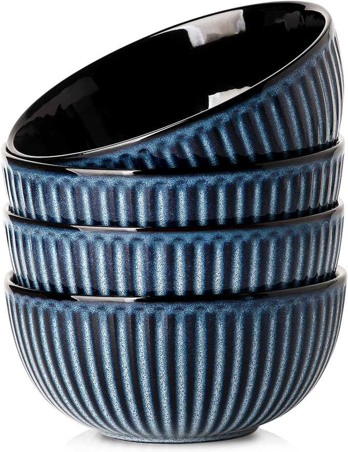 Hasense Large Ceramic Serving Bowls 42 Oz - 7 Inch Salad Bowl Set of 4 for Kitchen,Modern Ribbed Porcelain Dishes for Entertaining,Soup,Pho,Pasta,Cereal, Noodle - Dishwasher & Microwave Safe, Blue