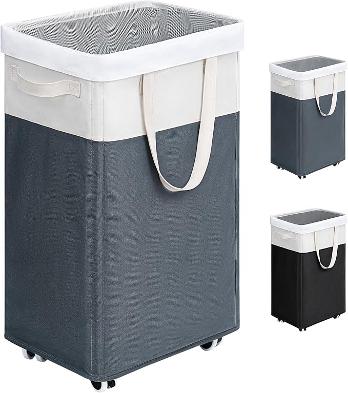 Goodpick Laundry Basket with Wheels, 75L Laundry Hamper for Dirty Clothes, College Dorm Essentials, Clothes Hamper for Livng Room, Grey&White