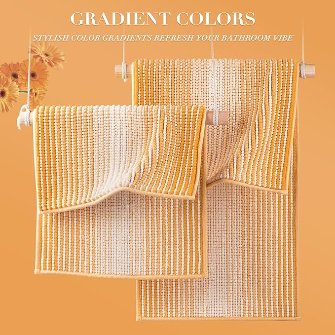 Bathroom Rugs and Mats Sets, 2 Piece Thick Absorbent Chenille Bath Mat Rug Set Non Slip, Soft Shaggy Bath Room Floor Mats for Bathroom, Machine Washable (Buff Orange, 20" x 32" Plus 16" x 24")