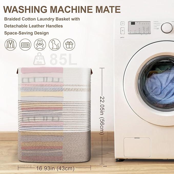 Laundry Hamper 85L Large Blanket Storage, Basket Blankets Living Room, Toys, Towel, Dirty Clothes in Bathroom, Bedroom, Tall Laundry Basket with Leather Handles, 17"x14"x22", Beige Brown